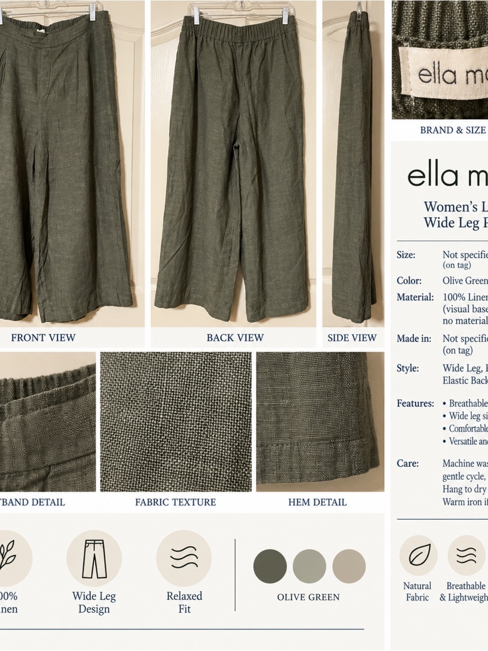 Ella Moss Olive Green Wide-Leg Cropped Linen Pants